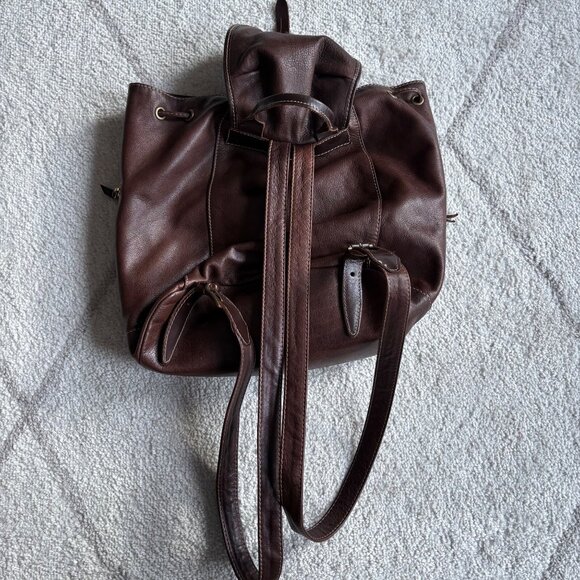Sundance Italian Leather Backpack Classic Brown Drawstring Rucksack Pockets